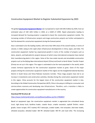 Construction Equipment Market to Register Substantial Expansion by 2025