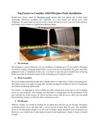 Top Factors to Consider with Fiberglass Pools Installation