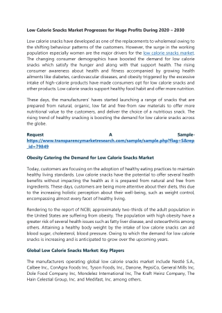 Low Calorie Snacks Market Progresses for Huge Profits During 2020 – 2030
