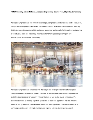 M.Tech. Aerospace Engineering at NIMS University Jaipur, Course Fees, Eligibility, Scholarship