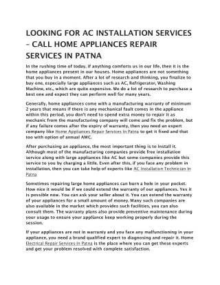 LOOKING FOR AC INSTALLATION SERVICES – CALL HOME APPLIANCES REPAIR SERVICES IN P