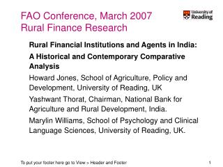 FAO Conference, March 2007 Rural Finance Research