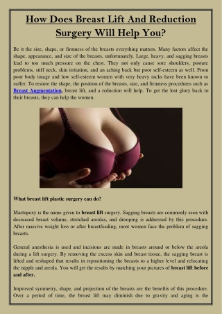 How Does Breast Lift And Reduction Surgery Will Help You