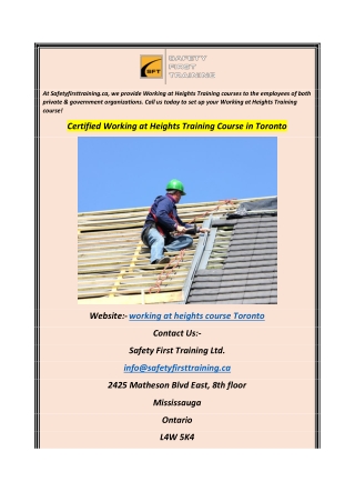 Certified Working at Heights Training Course in Toronto