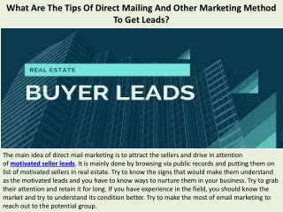 Buyer Leads - What Are The Tips Of Direct Mailing And Other Marketing Method To