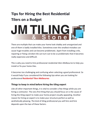 Tips for Hiring the Best Residential Tilers on a Budget