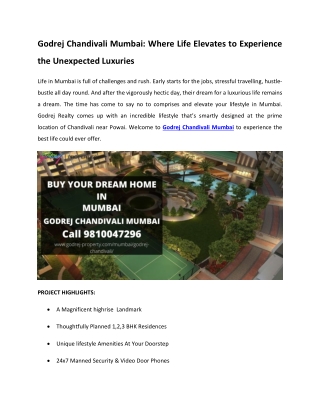 Godrej Chandivali Mumbai - Where Life Elevates to Experience the Unexpected Luxuries