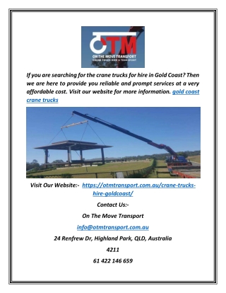 Gold Coast Crane Trucks | Otmtransport.com.au