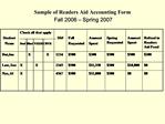 Sample of Readers Aid Accounting Form Fall 2006 Spring 2007
