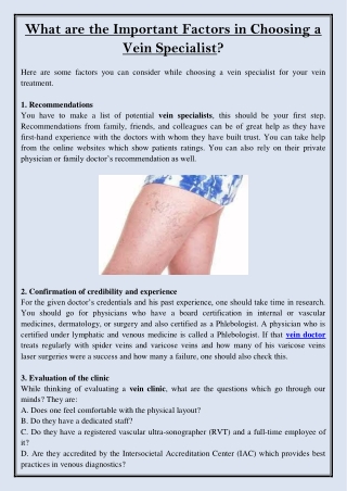 What are the Important Factors in Choosing a Vein Specialist