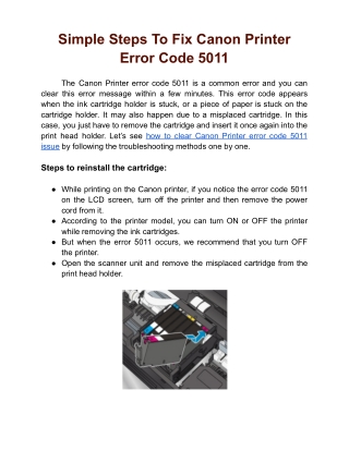 Simple Steps To Fix Canon Printer Error Code 5011