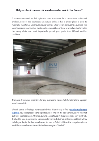 Did you check commercial warehouses for rent in the Greens?