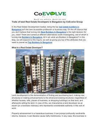 Traits of best Real Estate Developers In Bangalore by CoEvolve Group