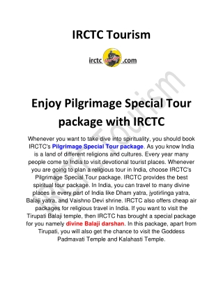 Enjoy Pilgrimage Special Tour package with IRCTC