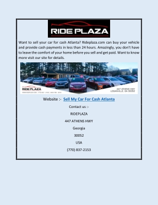 Sell My Car for Cash Atlanta | Rideplaza.com