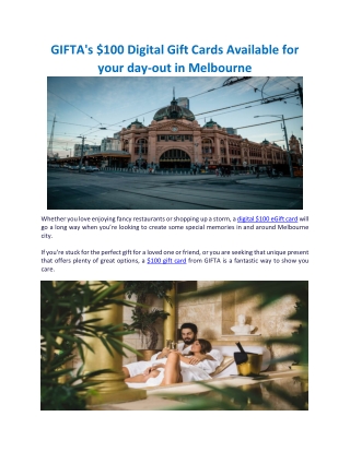 GIFTA's $100 Digital Gift Cards Available for your day-out in Melbourne