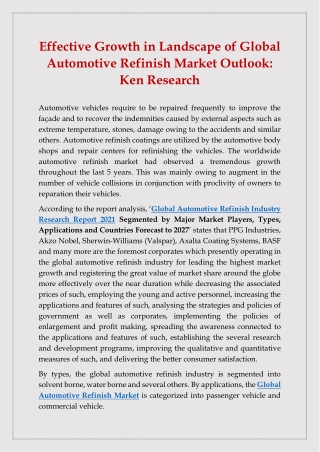 Global Automotive Refinish Industry Research Report 2021: Growth, Trends, Size