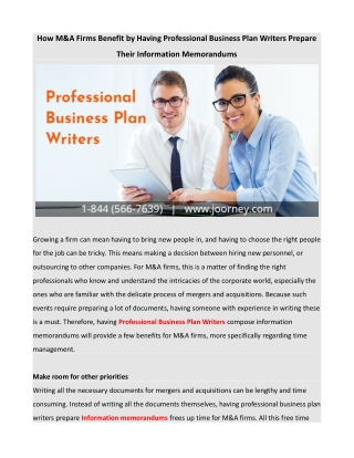 How M&A Firms Benefit by Having Professional Business Plan Writers Prepare Their