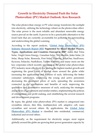 Global Solar Photovoltaic (PV) Industry Research Report 2021: Ken Research