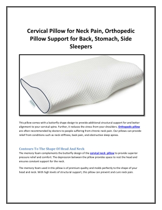 Cervical Pillow for Neck Pain, Orthopedic Pillow Support for Back, Stomach, Side