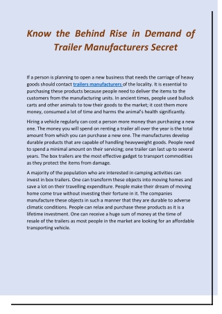 Know the Behind Rise in Demand of Trailer Manufacturers Secret