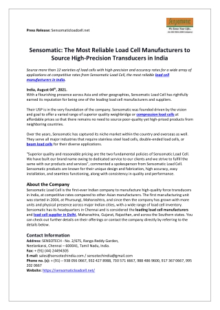 Sensomatic: The Most Reliable Load Cell Manufacturers to Source High-Precision