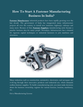 How To Start A Fastener Manufacturing Business In India