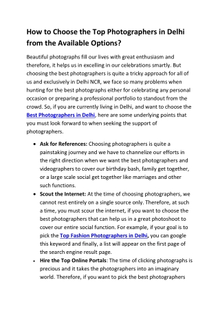 How to Choose the Top Photographers in Delhi from the Available Options