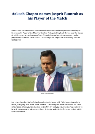 Aakash Chopra names Jasprit Bumrah as his Player of the Match