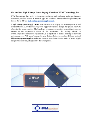 Get the Best High Voltage Power Supply Circuit at HVM Technology, Inc.