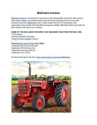 Latest Mahindra Tractors Price List in India 2021