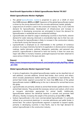 Good Growth Opportunities in Global Lignosulfonates Market Till 2027