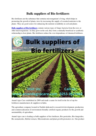 Bulk suppliers of Bio fertilizers