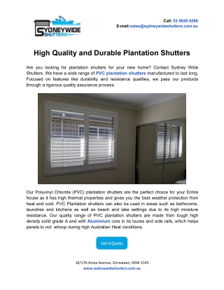 High Quality and Durable Plantation Shutters