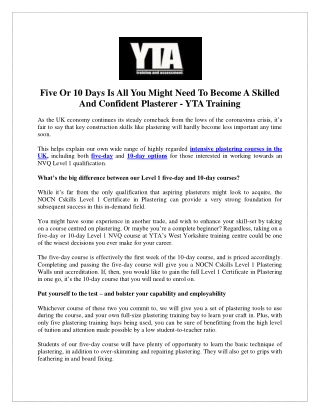 Five Or 10 Days Is All You Might Need To Become A Skilled And Confident Plasterer - YTA Training