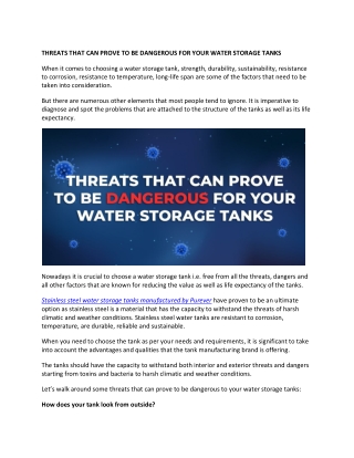 THREATS THAT CAN PROVE TO BE DANGEROUS FOR YOUR WATER STORAGE TANKS