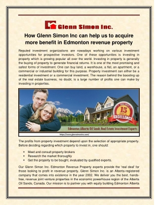 How Glenn Simon Inc can help us to acquire more benefit in Edmonton revenue property