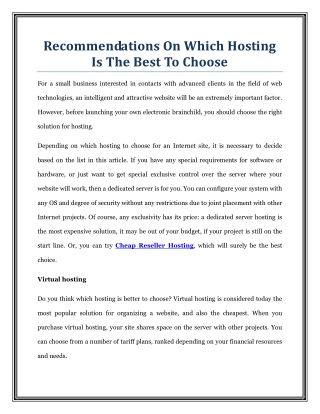 Recommendations On Which Hosting Is The Best To Choose
