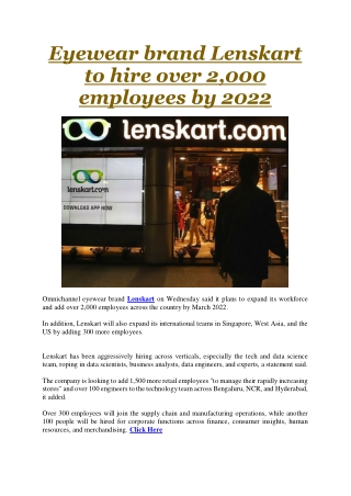 Eyewear brand Lenskart to hire over 2,000 employees by 2022