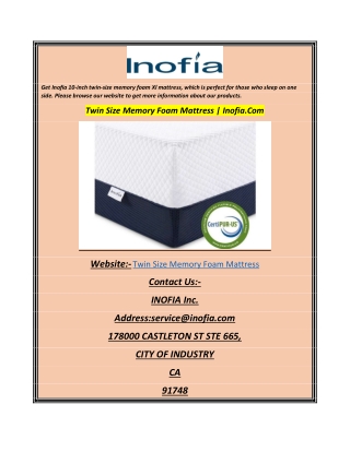 Twin Size Memory Foam Mattress Inofia.Com
