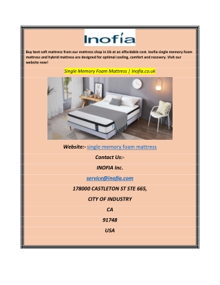 Single Memory Foam Mattress  Inofia.co.uk