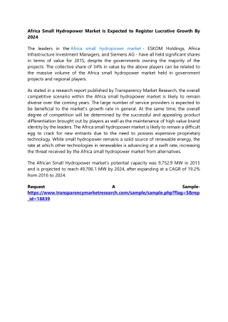 Africa Small Hydropower Market is Expected to Register Lucrative Growth By 2024