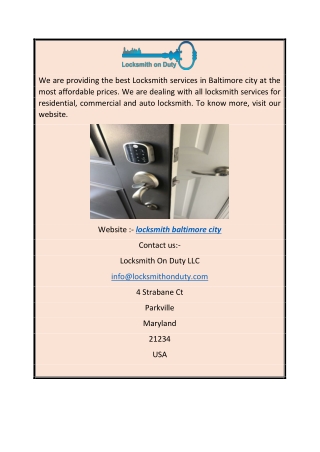 Locksmith Baltimore City  Locksmithonduty.com