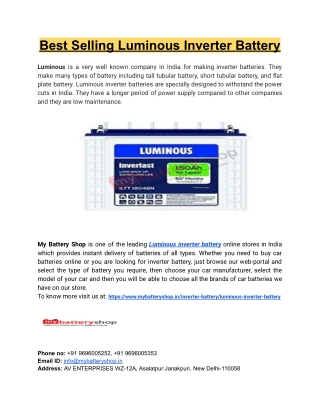 Best Selling Luminous Inverter Battery