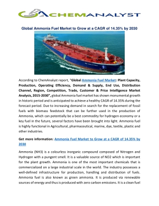 Ammonia Fuel Market to Grow at a CAGR of 14.35% by 2030