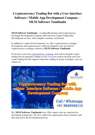 Cryptocurrency Trading Bot with a User Interface Software - MLM Software Tamilnadu