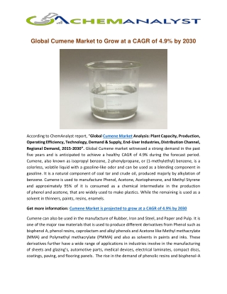 Cumene Market to Grow at a CAGR of 4.9% by 2030