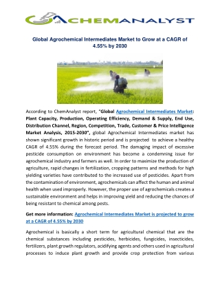 Agrochemical Intermediates Market to Grow at a CAGR of 4.55% by 2030