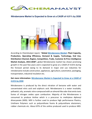 Global Nitrobenzene Market is Expected to Grow at a CAGR of 4.01% by 2030