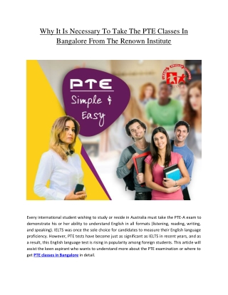 Why It Is Necessary To Take The PTE Classes In Bangalore From The Renown Institute